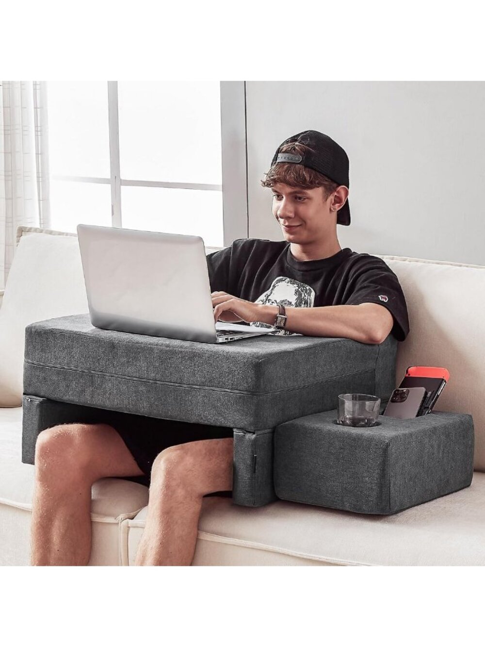 Cozy Lap Desk Pillow with Cup Holder | Memory Foam Arm Rest for Laptop & Reading